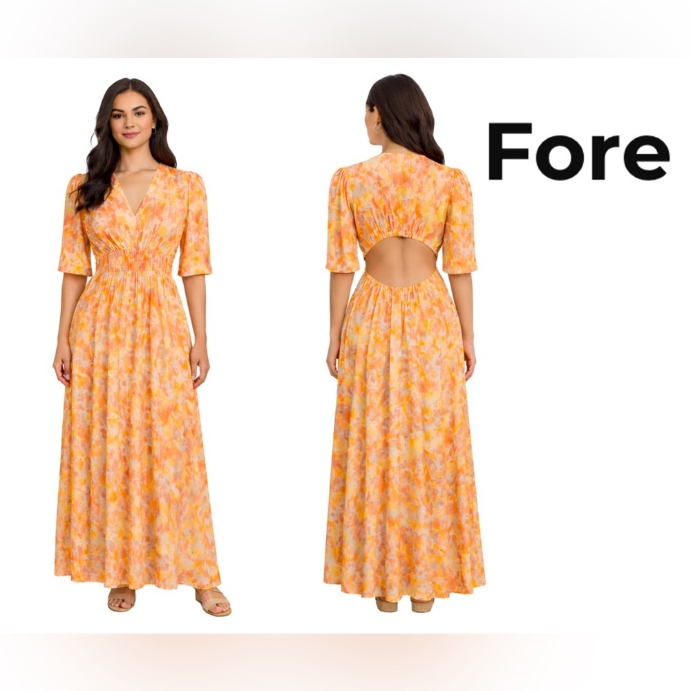 FORE‎ size Medium Maxi Dress Cut-Out Back cinch Waist Orange Yellow